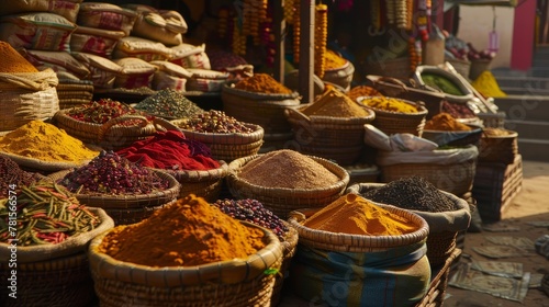 Indian Spice Market with Array of Colorful Spices photo