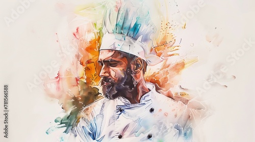Monochromatic watercolor painting of a chef, blending realism with abstract, captures the essence of culinary arts photo