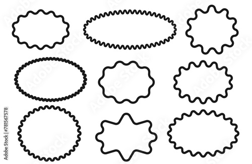 Scallop edge frames border set silhouette and outline. set of vector black stickers in the form of a sunburst badges and multi-pointed star, discount tags.