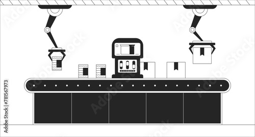 Robotic automation black and white line illustration. Robot arms manufacturing 2D interior monochrome background. Industry 4 0. Factory assembly line boxes packaging outline scene vector image