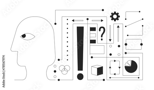 Deep learning AI black and white 2D illustration concept. Artificial intelligence algorithm cartoon outline object isolated on white. Decision make. Neural network data metaphor monochrome vector art