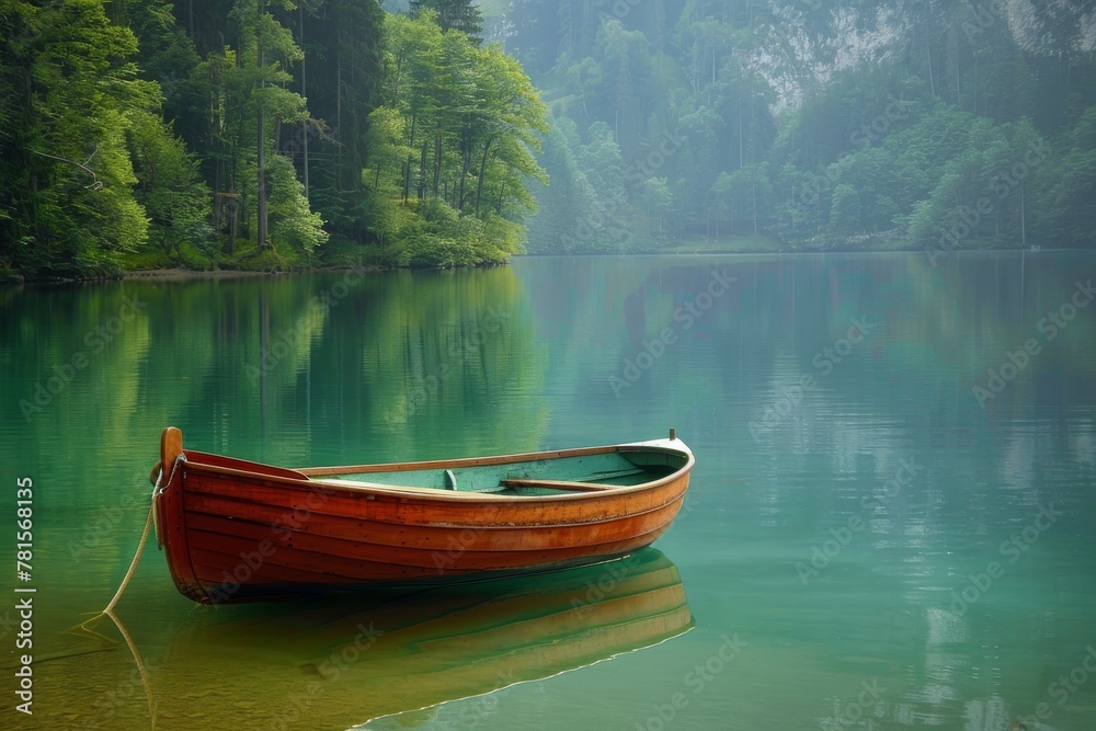 Boat on calm lake water with green trees in mist