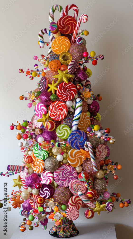 A Christmas tree made of candy, lollipops and sweets A whimsical design that is colorful and playful
