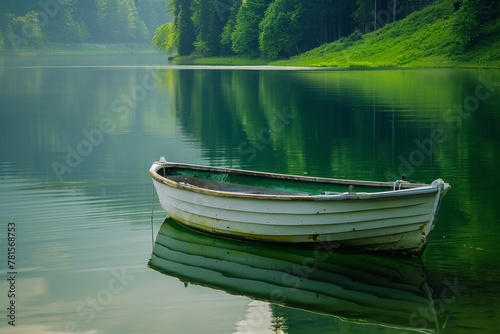 Green boat on calm lake water surrounded by forest