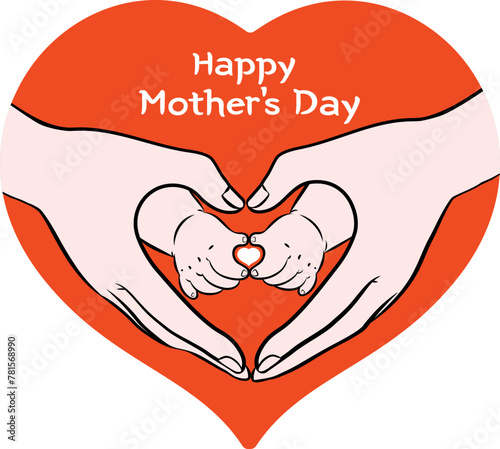 Vector illustration of mother and baby hand making heart gesture or shape, Mother’s day