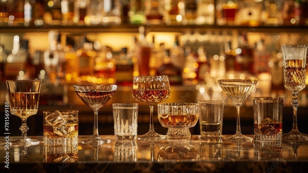 A selection of fine spirits and liqueurs in various glasses, with a warm, inviting backdrop ideal for a tasting event