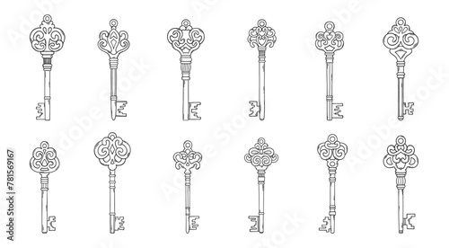 Key doodle set. House key doodle. Antigue keys sketch. Modern trendy doodles. House keys, home rental, secret door, safe, jewelry box, real estate.