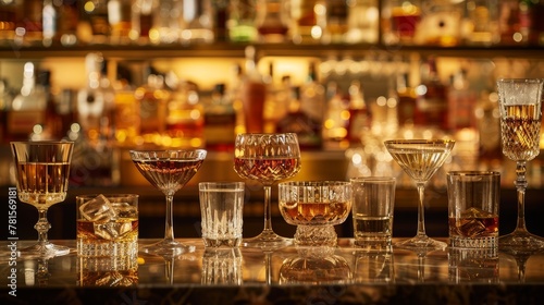 A selection of fine spirits and liqueurs in various glasses  with a warm  inviting backdrop ideal for a tasting event