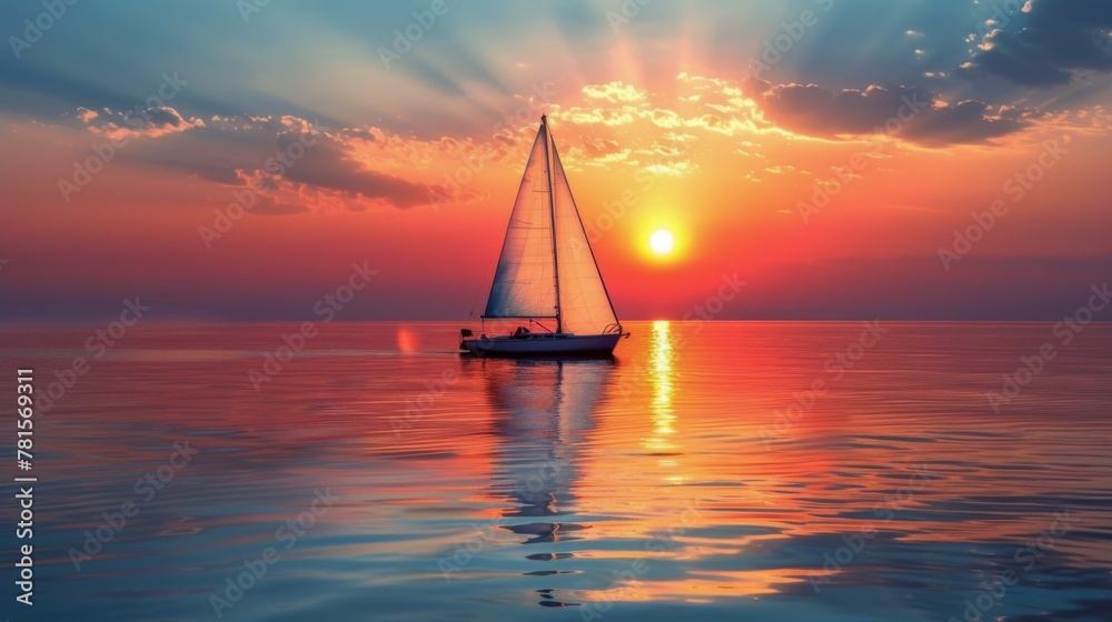 Sailboat Drifting on Water at Sunset
