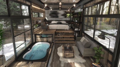 a tiny house living room with a jacuzzi inside and a bedroom on the first stage, emanating Mediterranean vibes with its warm and inviting atmosphere.
