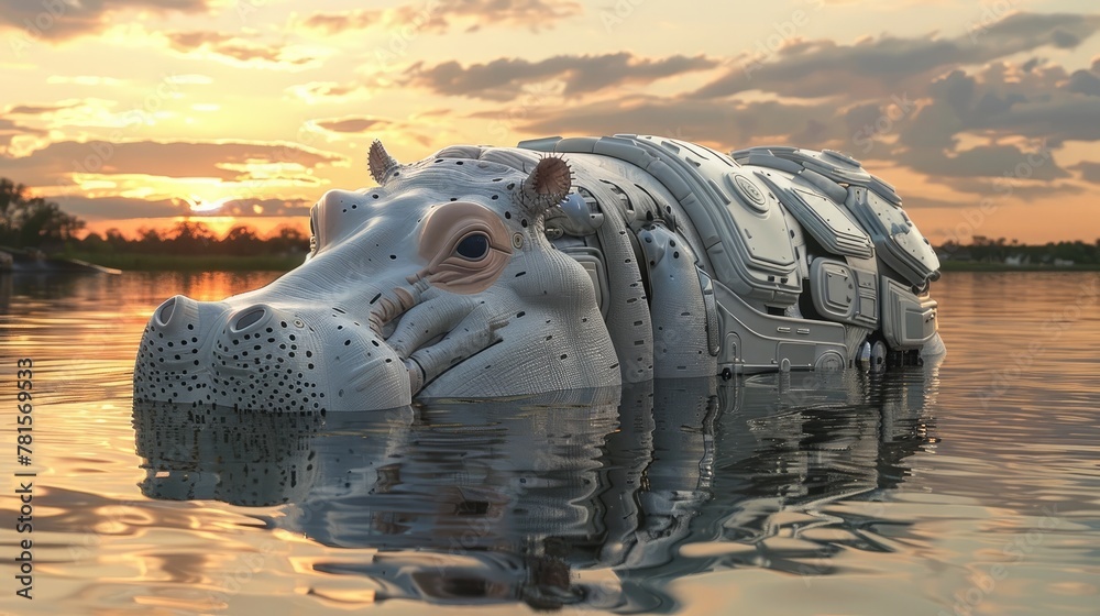 Advanced Robotic Hippo Floating in Tranquil River at Sunset with Mesmerizing Mechanical Reflection