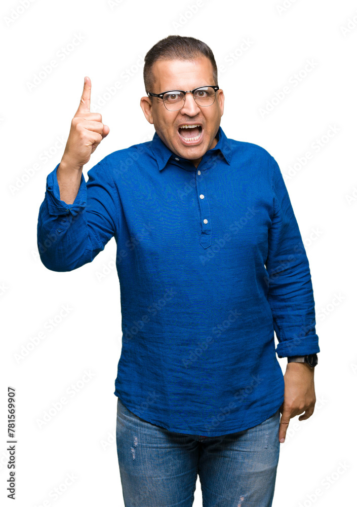 Middle age arab man wearing glasses over isolated background pointing finger up with successful idea. Exited and happy. Number one. Middle age arab man wearing glasses over isolated background pointing finger up with successful idea. Exited and happy. Number one.