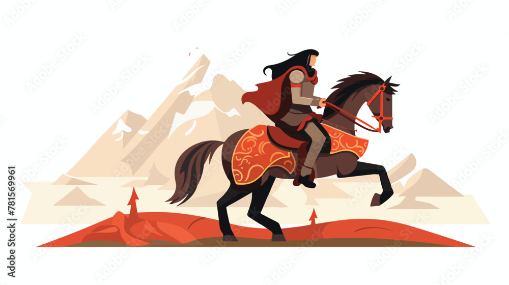 Medieval warrior on horse 2d flat cartoon vactor il - obrazy, fototapety, plakaty 
