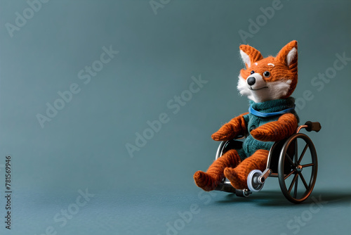 Soft toy on a stroller for the disabled on the solid beige background. National Specially-abled Pets Day. Copy space.