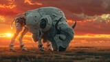 Robotic Bison Grazing on Vibrant Sunset Plains A Futuristic Mechanical Creature in a Technologically Advanced Landscape