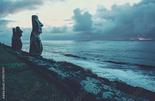 4 moai figures from Easter Island, they are on a cliff looking at the peaceful sea photo