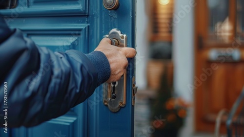 wooden door with grill, door knob or handle on wooden door in beautiful lighting