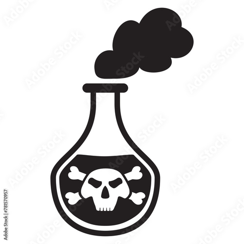 Glass poison bottle icon. Bottle with skull label.Poisonous chemical toxin with crossbones label.Outline vector illustration.Isolated on white background.Magic acid toxic. Toxic smoke.Venom liquid.