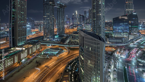 Aerial night view of new skyscrapers and tall buildings Timelapse