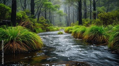 Stream Flowing Through Lush Green Forest