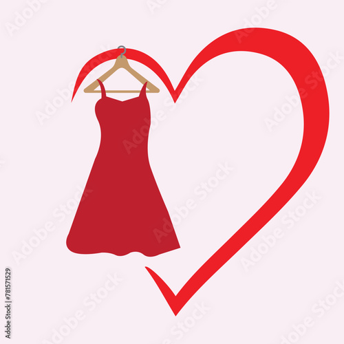 Red dress on a wooden hanger hanging on a red heart shape