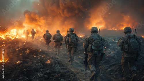 Battle of the military in the war. Military troops in the smoke.