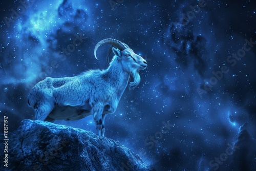 Capricorn Zodiac Sign, Goat Horoscope Symbol, Magic Astrology Ibex, Goat in Fantastic Night Sky © artemstepanov