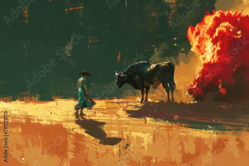 A Spanish matador in traditional attire exhibits his mastery and poise atop a charging bull, embodying the spirit of Spain's time-honored pastime	