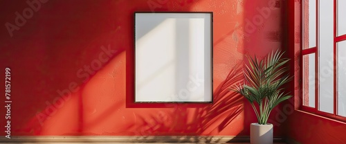 Blank picture frame mock up in red room interior , 3d rendering