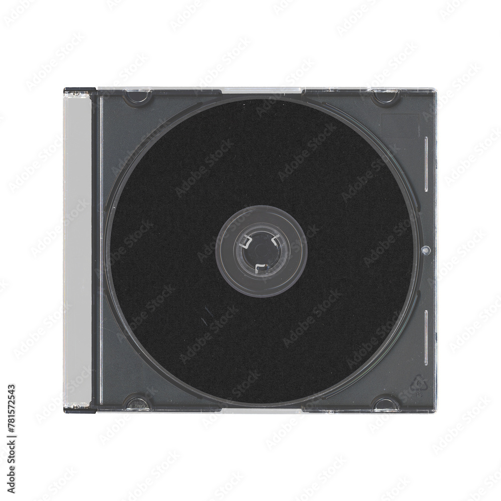 isolated mockup of old music CD disc jewel case with black cover layout on CD for photo and artworks, in transparent background, y2k style