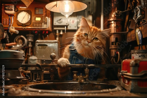 Cat Plumber, Handsome Positive Sanitary Technician Cat, Cat Repair Plumbing, Sink Installation