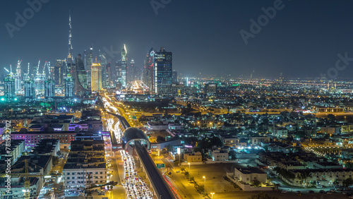 Dubai skyline with beautiful city center lights and Sheikh Zayed road traffic night timelapse  Dubai  United Arab Emirates