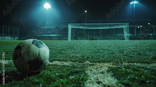 Soccer ball on a lush field at night photo