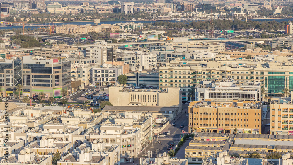 Aerial view of neighborhood Deira with typical buildings timelapse, Dubai, United Arab Emirates