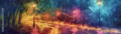 A charging cable winding down a watercolor road, powering street lamps with a soft glow photo