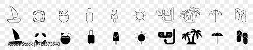 Summer set of web icons in linear style. Summer vacation icons. Travel, beach, tourism, summer vacation, hotel, vacation, beach, luggage, sunglasses. Vector illustration eps10
