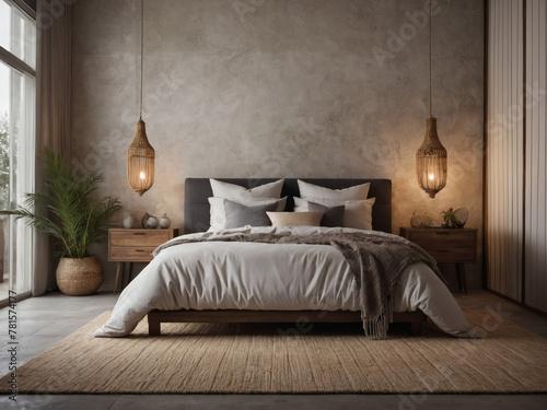 Stylish boho bedroom design, bed against textured stucco wall, blank canvas.