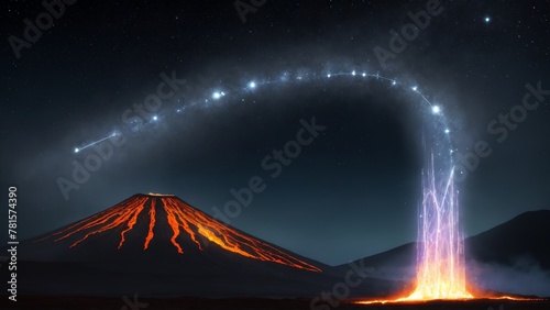 Nighttime Volcano and Mountain Landscape