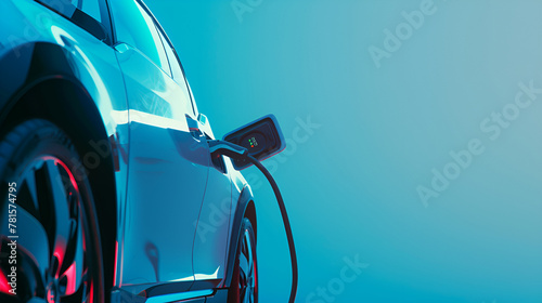 Electronic vehicle charging station control stop refuel point, hand pressing starting charge energy button, electric power EV car futuristic eco environmental friendly energy, blue banner background photo