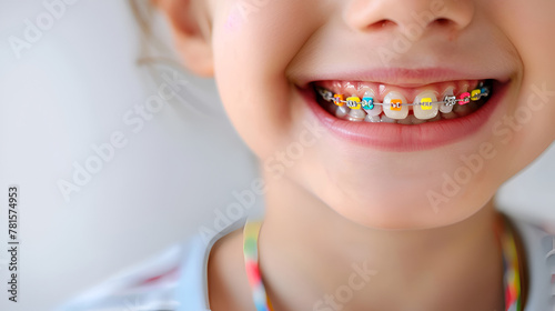 Girl with colored braces on her teeth.