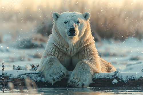 A polar bear is laying on a log in the snow. The bear is looking at the camera
