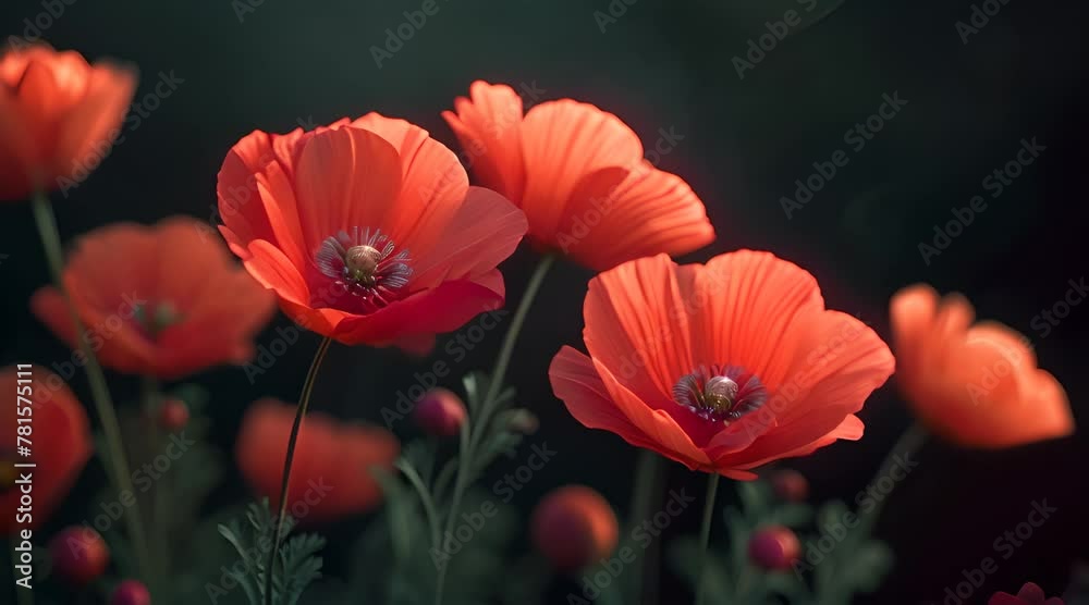 Vivid Red Poppies on a Dark Backdrop, striking image showcasing the bright red petals of poppies contrasted against a moody, dark background. The detail on the stamens Vivid Red Poppies on a Dark Backdrop, striking image showcasing the bright red petals of poppies contrasted against a moody, dark background. The detail on the stamens