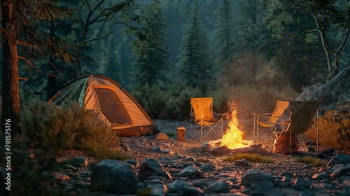 a crackling bonfire  its flames dancing amidst the surrounding forest  with chairs and a camping tent nearby.