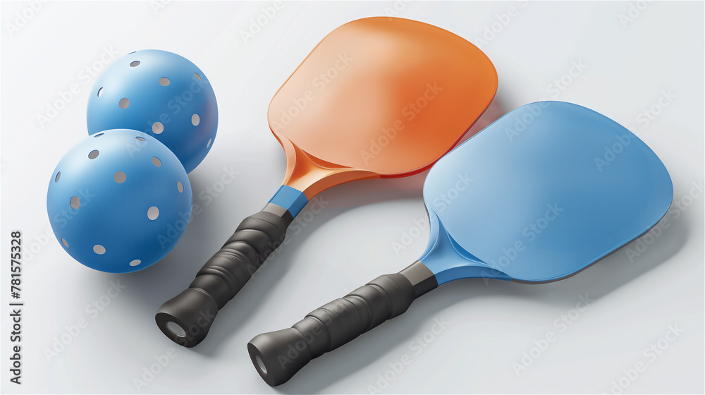 Pickleball set, perforated balls and paddle for playing pickleball laying on white background.