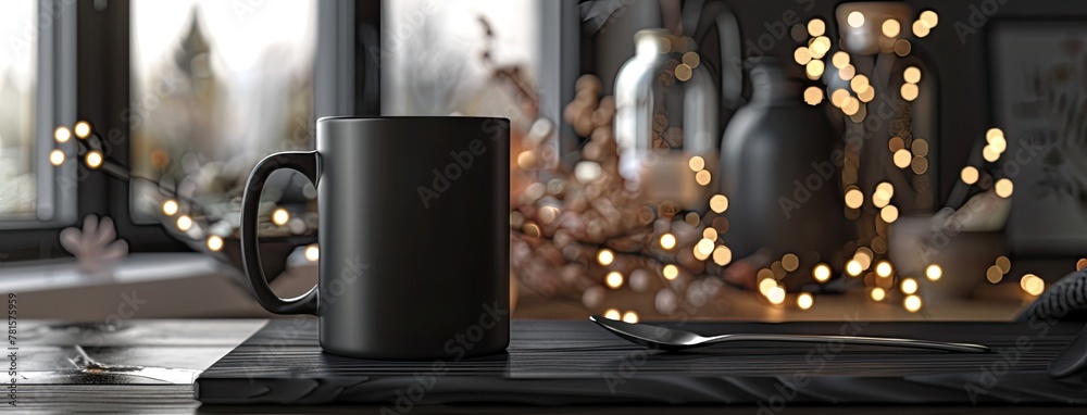a black mug on a dark polished rosewood slab, accompanied by home accessories and decorative lights, with the focus on the mug filling most of the frame, complemented by a flat-laid metal spoon. a black mug on a dark polished rosewood slab, accompanied by home accessories and decorative lights, with the focus on the mug filling most of the frame, complemented by a flat-laid metal spoon.