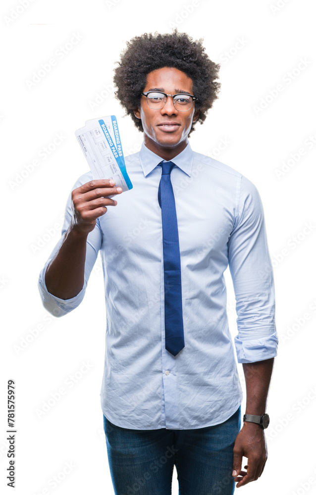 Afro american man holding boarding pass over isolated background with a confident expression on smart face thinking serious Afro american man holding boarding pass over isolated background with a confident expression on smart face thinking serious