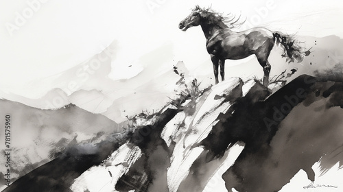 Esboço de um cavalo no topo de uma montanha - Ilustração photo