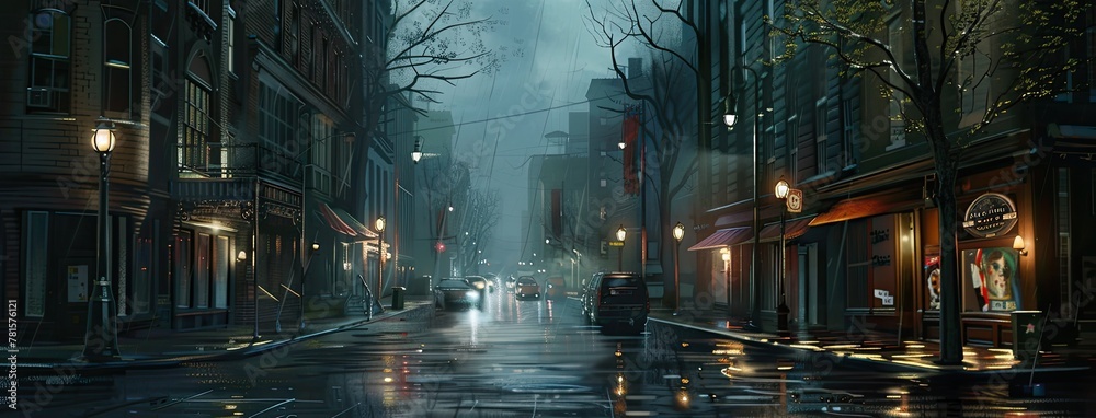 a city street at night, devoid of cars, with a dark night style that exudes a sense of tranquility and mystery.