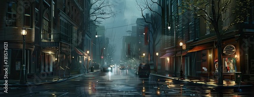 a city street at night  devoid of cars  with a dark night style that exudes a sense of tranquility and mystery.