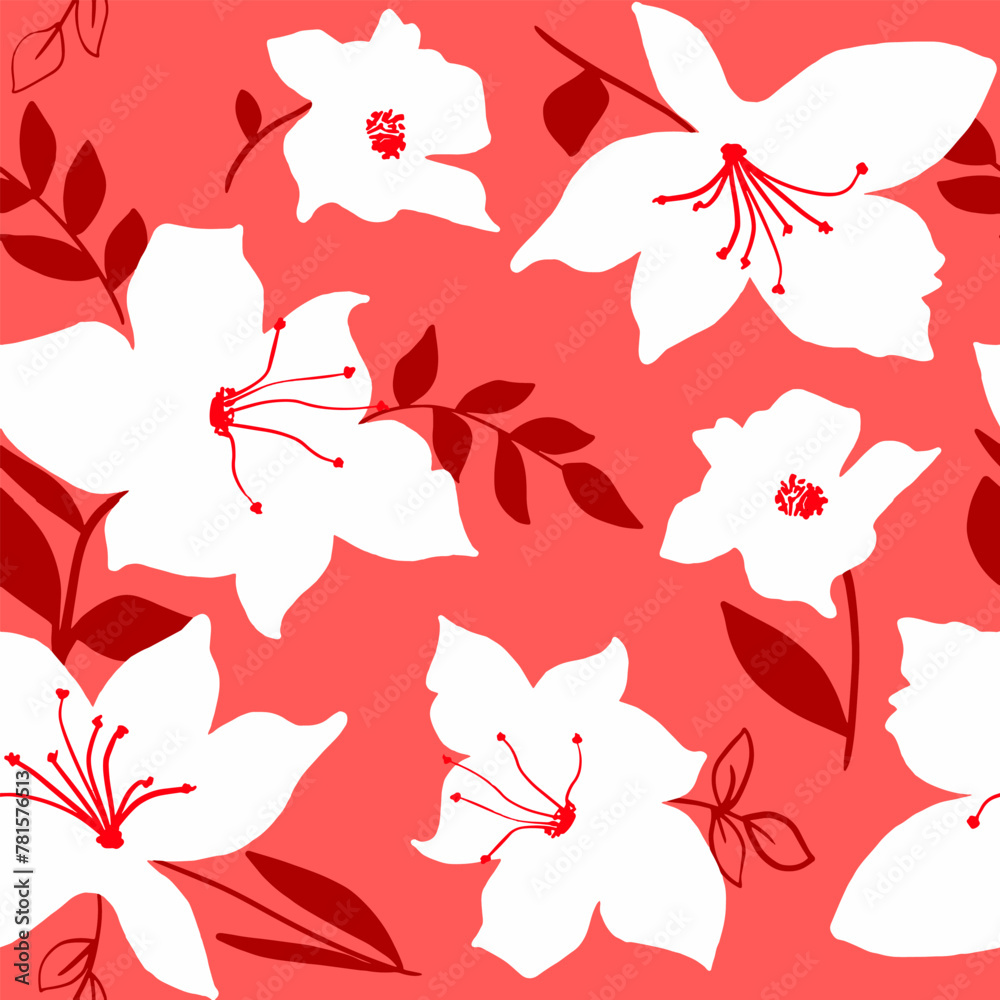Abstract Hand Drawing Tropical Hibiscus Lily Orchid Flowers Seamless Textile Vector Pattern Isolated Background